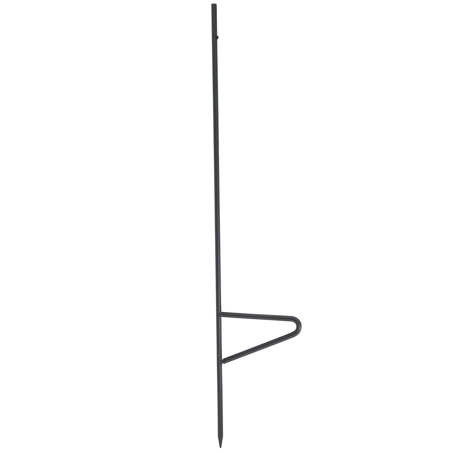 Black metal garden stake with triangular support.