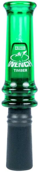 Green duck call with black mouthpiece.