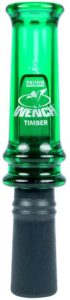 Green duck call with black mouthpiece.