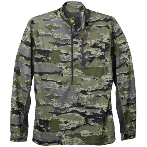 Camo green pullover jacket with zipper front.