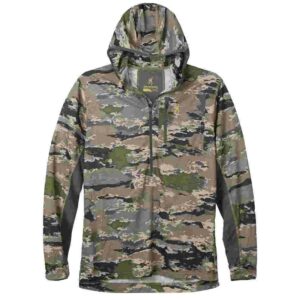 Camouflage hoodie with zippered front pocket.