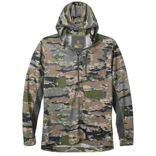 Camouflage hoodie with zippered front pocket.