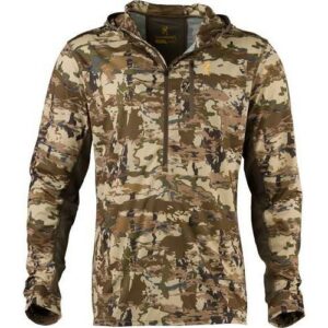 Camouflage hooded shirt with front zipper closure.