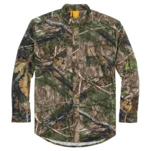 Camouflage long-sleeve button-up shirt for outdoors.