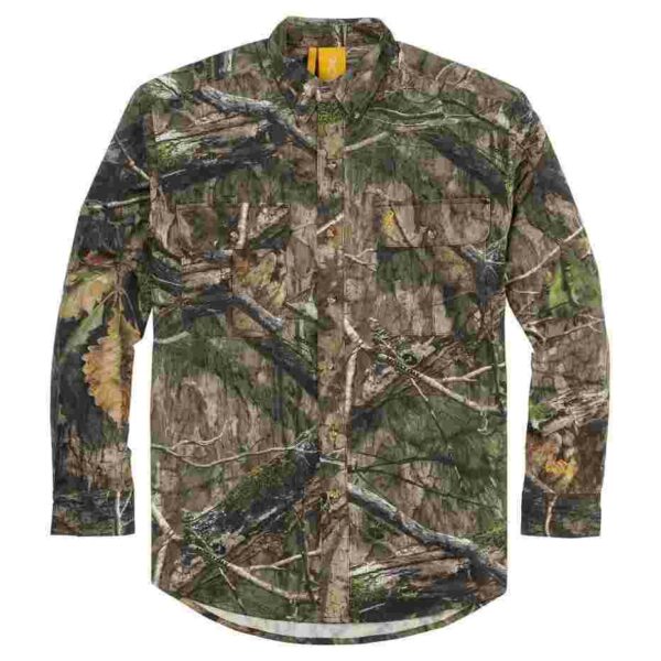 Camouflage long-sleeve button-up shirt for outdoors.