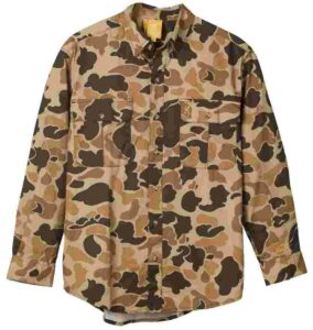 Brown camo pattern button-up shirt