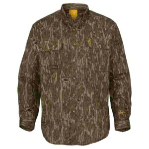 Camouflage long-sleeve hunting shirt with pockets.
