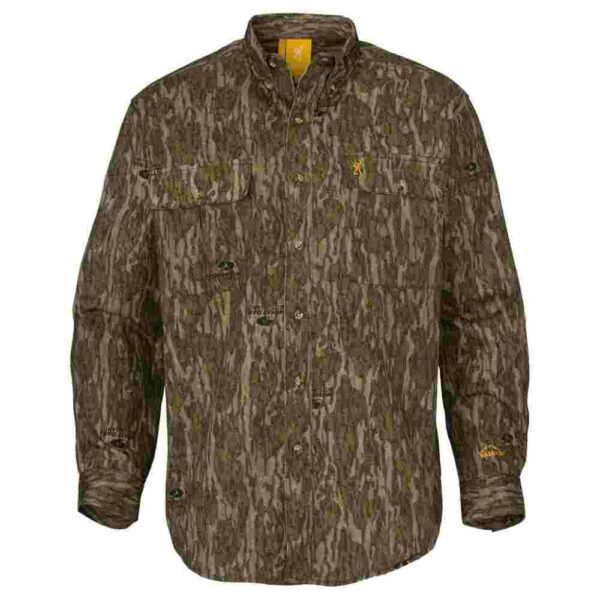 Camouflage long-sleeve hunting shirt with pockets.