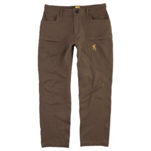 Brown outdoor pants with pockets and embroidered logo.