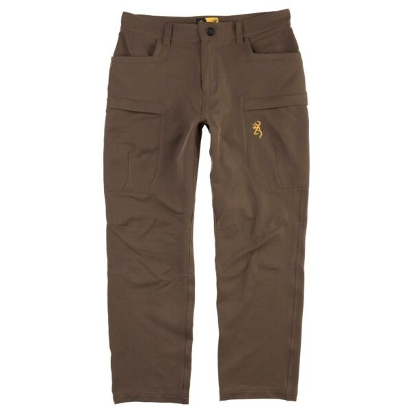 Brown outdoor pants with pockets and embroidered logo.
