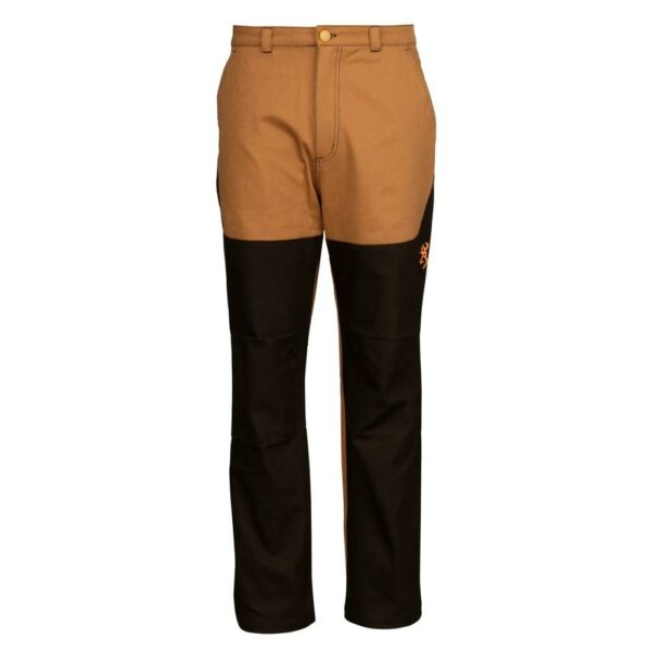 Two-tone brown and black hunting pants displayed.