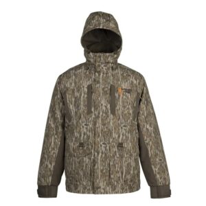 Camouflage hooded jacket with front pockets.