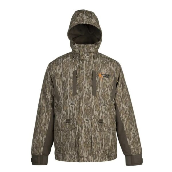 Camouflage hooded jacket with front pockets.