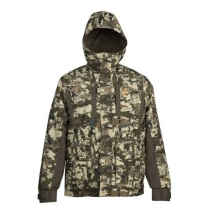Camouflage hunting jacket with hood and pockets.