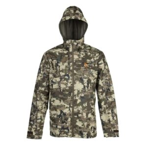 Camouflage waterproof jacket with hood and logo.