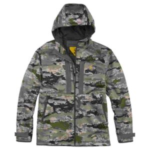 Camouflage hooded jacket with multiple pockets.