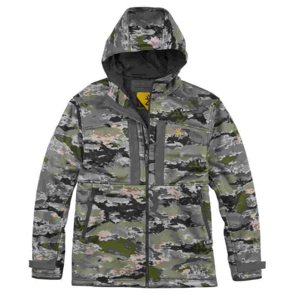 Camouflage hooded jacket with multiple pockets.