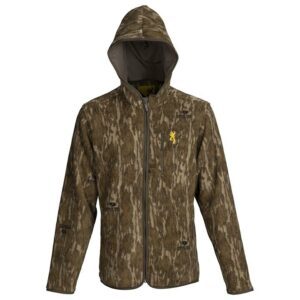 Camouflage hunting jacket with hood.