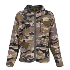 Camouflage hooded jacket with zipper and pocket.