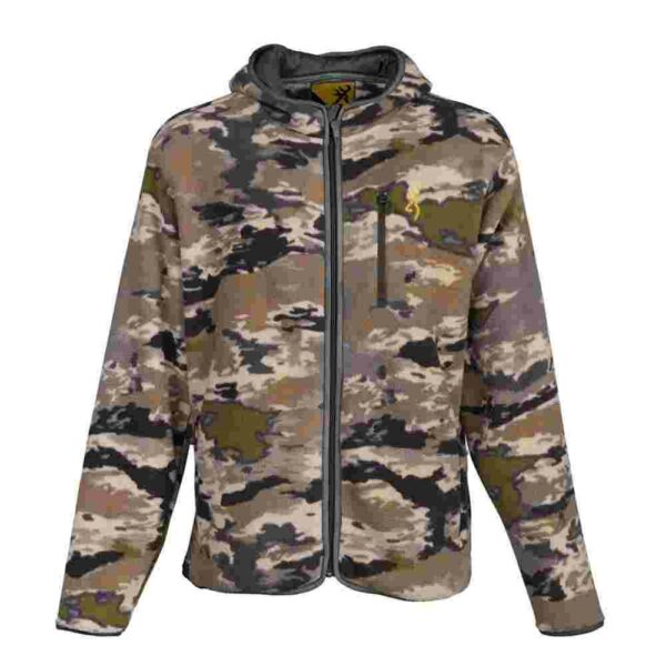 Camouflage hooded jacket with front zipper.