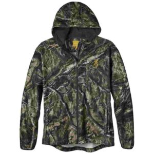 Camouflage hooded jacket with forest pattern.