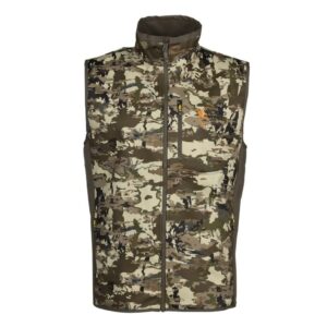 Camouflage hunting vest with front zipper closure.
