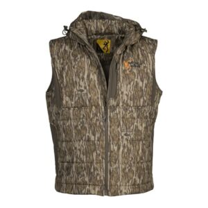 Camo print vest with hood and front zipper