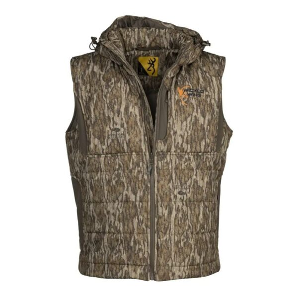 Camo print vest with hood and front zipper