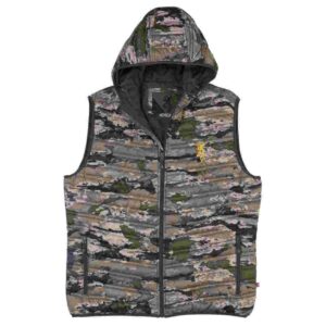 Camouflage vest with hood, front view.