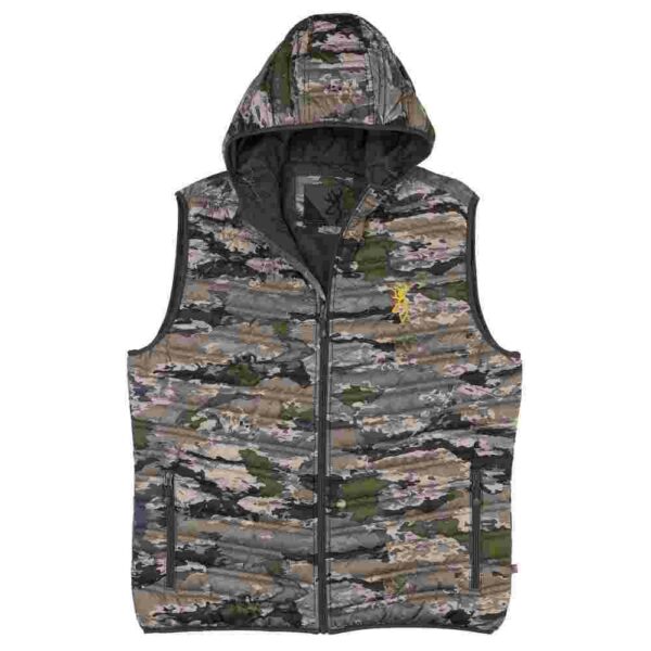 Camouflage vest with hood, front view.