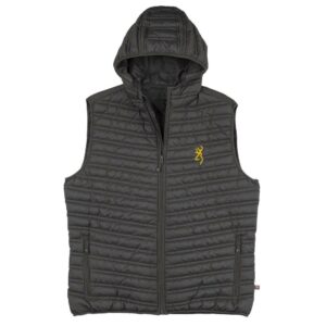 Gray quilted vest with hood and yellow logo.