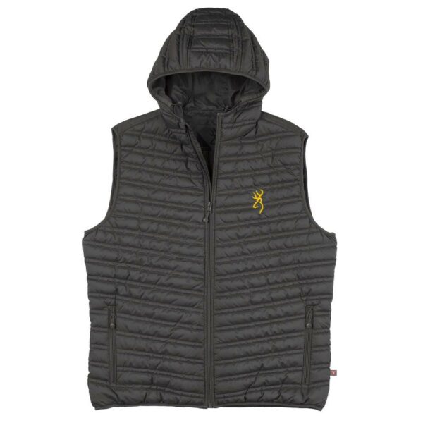 Gray quilted vest with hood and yellow logo.