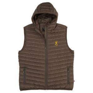 Brown quilted hooded vest with yellow logo