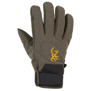 Brown hunting glove with yellow logo embroidery.