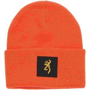 Orange beanie with black patch and deer logo