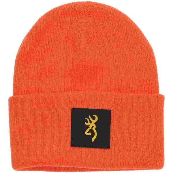 Orange beanie with black patch and deer logo