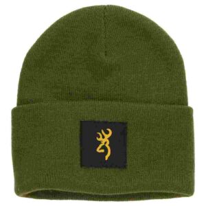 Green beanie with embroidered logo patch