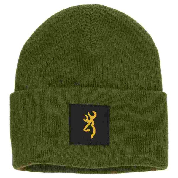 Green beanie with embroidered logo patch