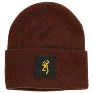 Brown beanie with yellow logo patch