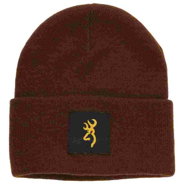 Brown beanie with yellow logo patch