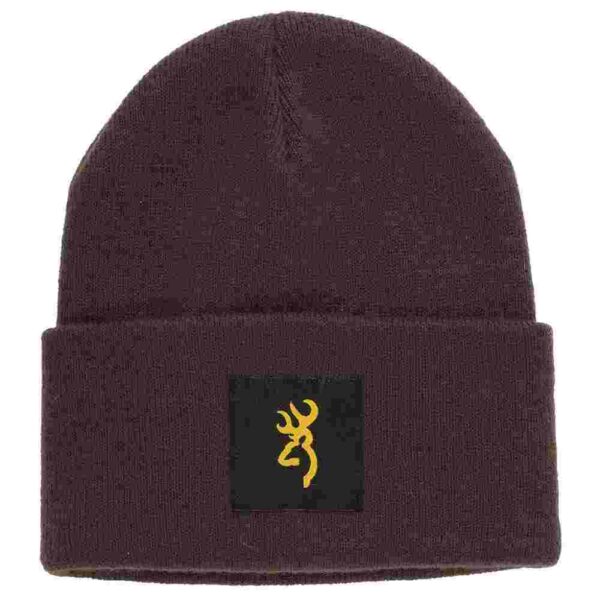 Brown beanie with yellow logo patch.