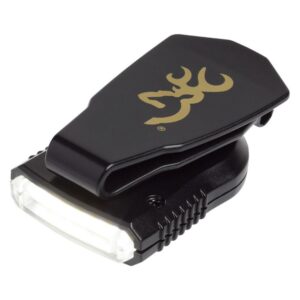 Black clip-on light with gold logo design