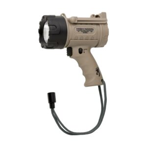 Handheld spotlight with durable design and strap.