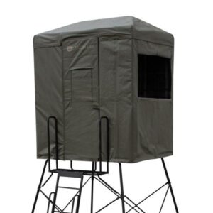 Elevated hunting blind with ladder and canopy.