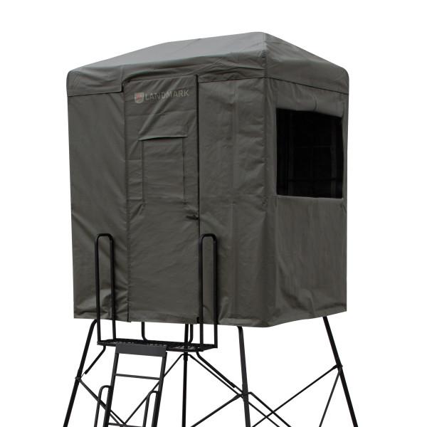 Elevated hunting blind with ladder and canopy.