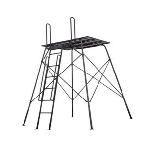 Metal hunting stand with ladder and platform.