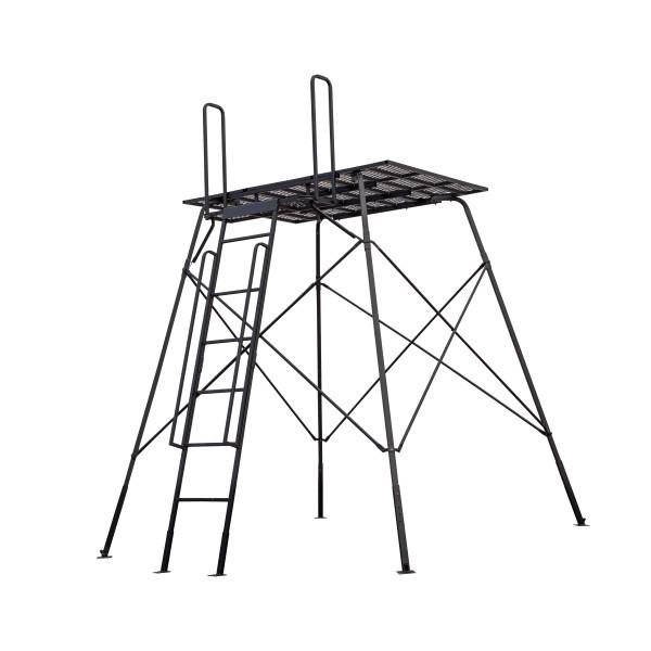 Metal hunting stand with ladder and platform.