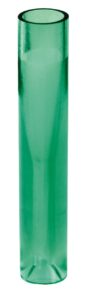 Green glass vase, cylindrical shape, transparent.