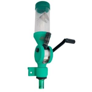 Green manual coffee grinder with hand crank.