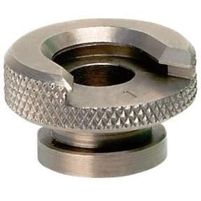 Silver metal fastener with textured grip surface.
